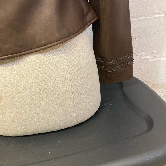 BCBGMAXAZRIA Women’s Brown Leather Crop Military Jacket with Plaid Detailing. - Picture 7 of 11